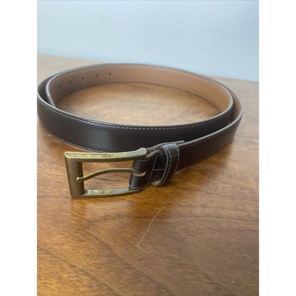 LL Bean Mens Brown Leather Belt Sz 46 Gold Buckle 1" Wide 265890 Made in USA - Picture 1 of 5
